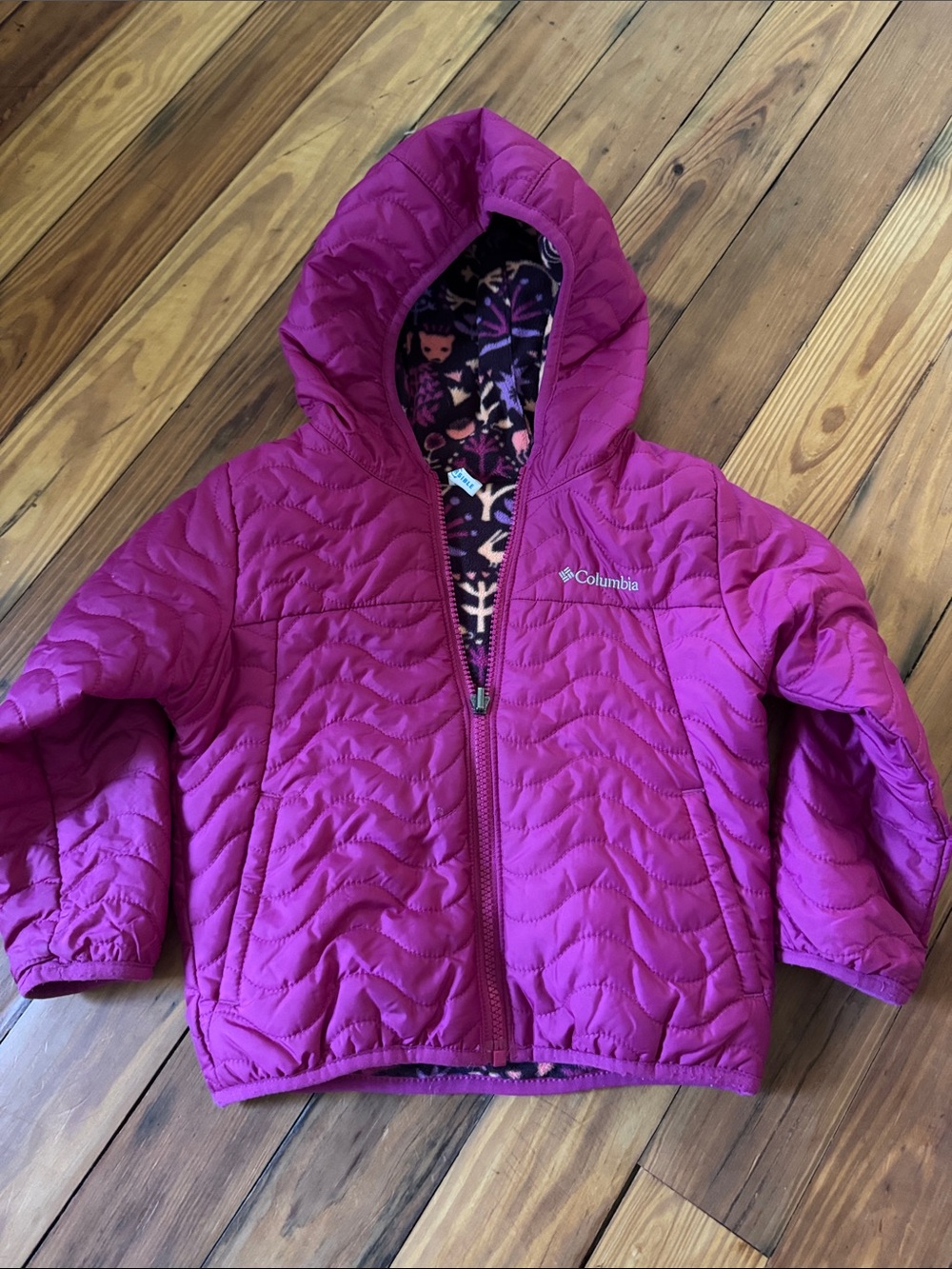 Columbia Reversible Kids Hooded Puffer Jacket in Bright Magenta